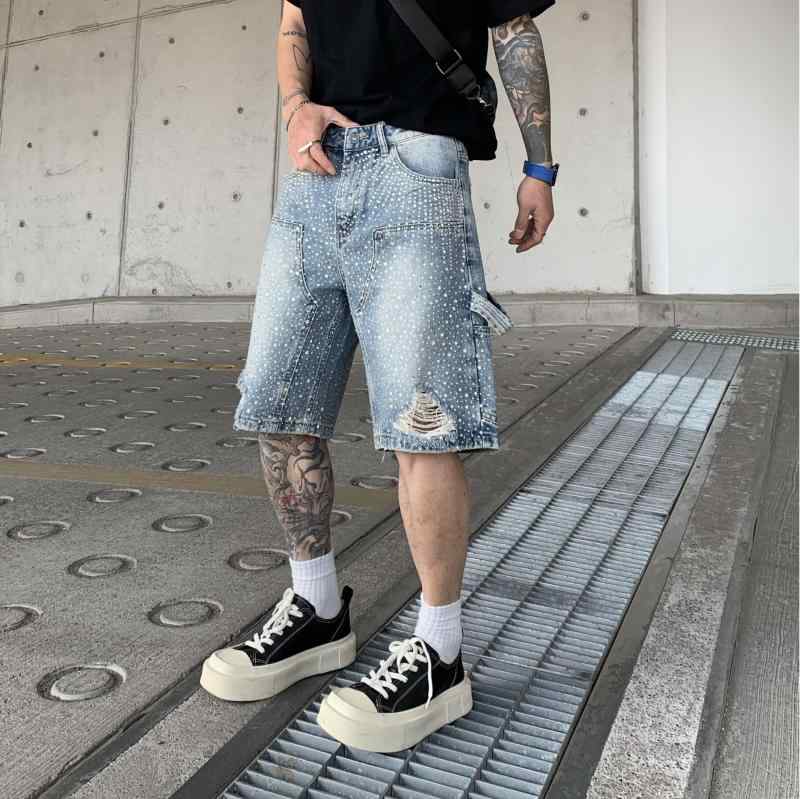 デニム メンズ ハーフパンツ ショートパンツ ワイド レッグ ゆったり ブラック ブルージーンズ ダメージ加工 接触冷感 ストリート カジュアル