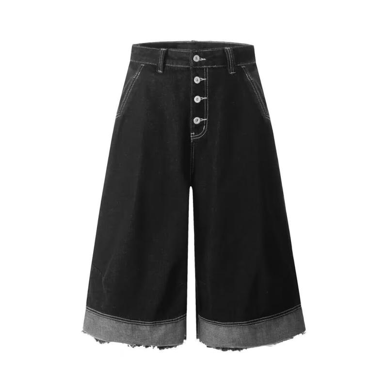 デニム メンズ キュロットパンツ アメカジ 復古風 デザイン ボタン 多ポケット カットオフ ルーズ ワイドレッグ 7分丈 ブラック デニムパンツ ウォッシュ加工