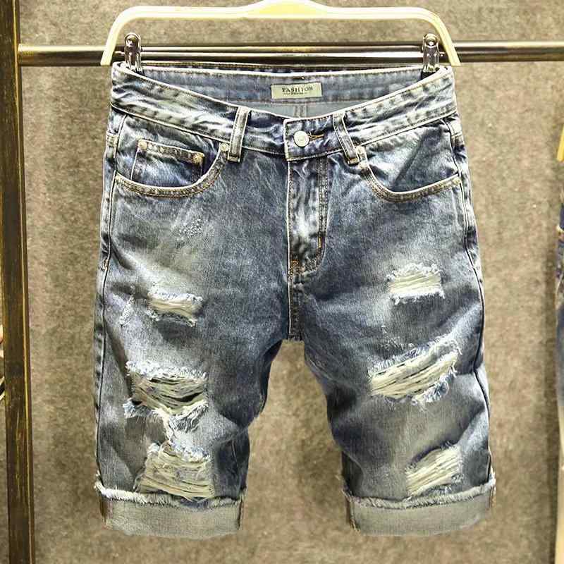 ハーフパンツ メンズ 男性用 デニム ダメージ加工 ゆったり 5分丈 膝丈 ジーパン 春夏 ブルー