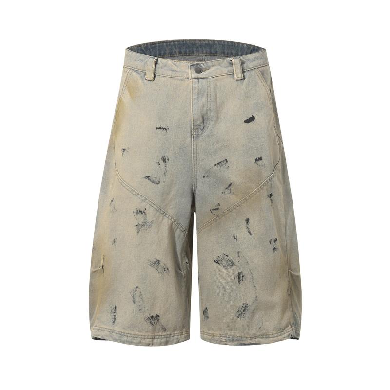 メンズ ジーンズ ショートパンツ ウォッシュ加工 ワイドレッグ バギーパンツ 7分丈 デニムパンツ ストリートファッション 男性用 ゆったりめ
