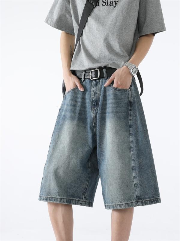 デニム メンズ ハーフパンツ ワイド ヴィンテージ ウォッシュ加工 5分丈 短パン ルーズ ゆったり ジーパン ジーンズ カジュアル アメカジ