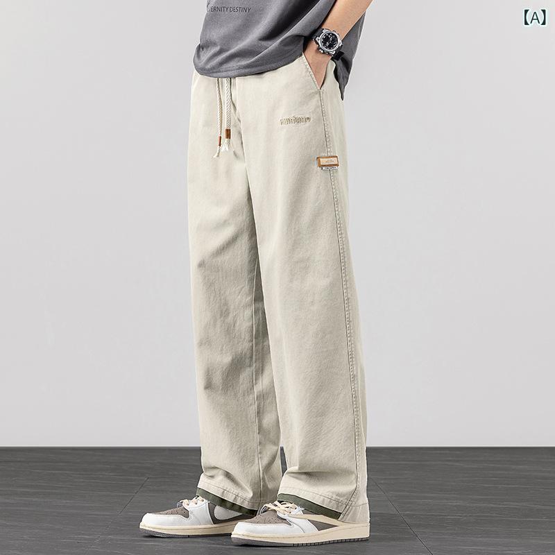 ズボン メンズ 綿 ズボン カジュアル パンツ ゆったり ストレート ドローストリング ミリタリー カーキ ブラック 男性用 普段使い