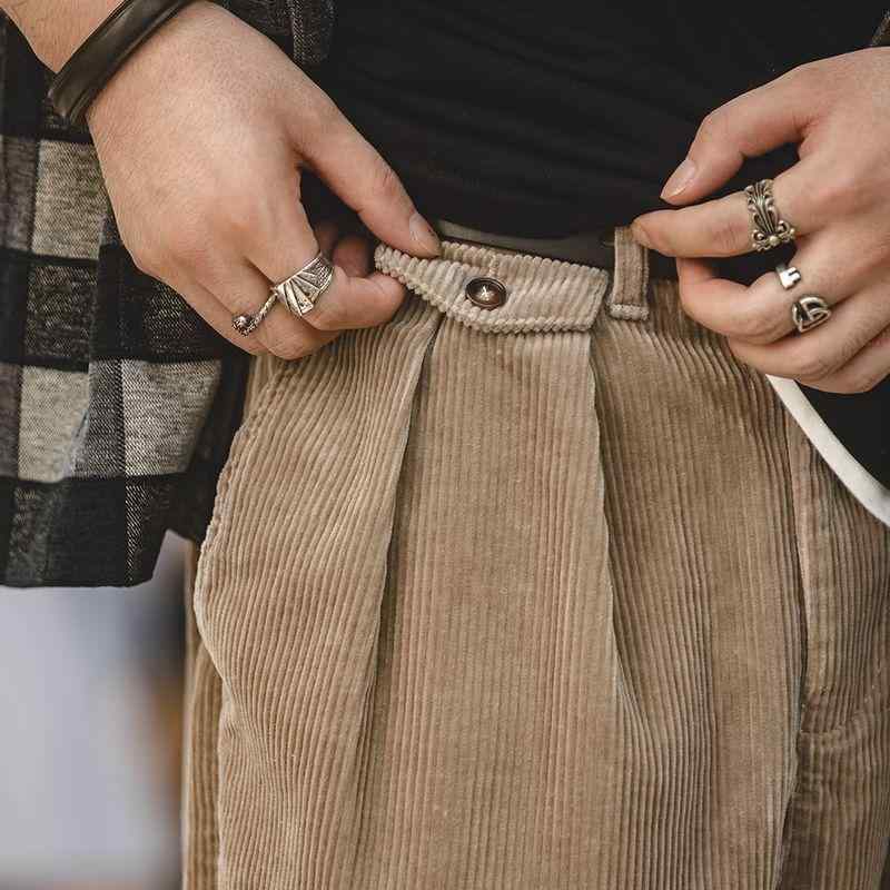 パンツ 男性用 レトロ カーキ色 コーデュロイ パンツ ワイドレッグ ストレート ミドルウエスト ロングパンツ メンズ 秋冬 綿 無地 普段使い｜Tanzan