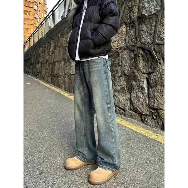 デニム メンズ ジーンズ 秋冬 裏起毛 ストレート フレアパンツ ゆったり ジーパン ヴィンテージ風 ブルー