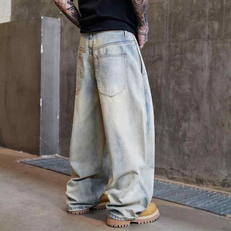 ジーンズ メンズ 男性用 ストレート ワイドレッグ ルーズフィット ウォッシュ加工 デニムパンツ ジーパン ゆったり カジュアル アメカジ 大きいサイズ 春秋
