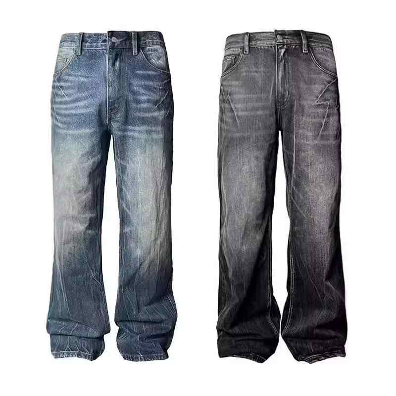 デニム メンズ 男性用 レトロ ウォッシュ加工 ストレート ジーンズ ジーパン ズボン ボトムス ゆったり ルーズ ワイド バギー アメカジ ライトブルー ブラック M L XL 2L 3L