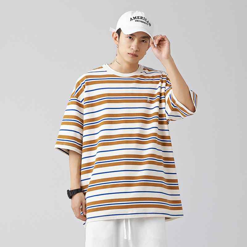 Tシャツ 男性用 トップス 撞色 ストライプ柄 コットン カットソー 半袖 普段使い 部屋着