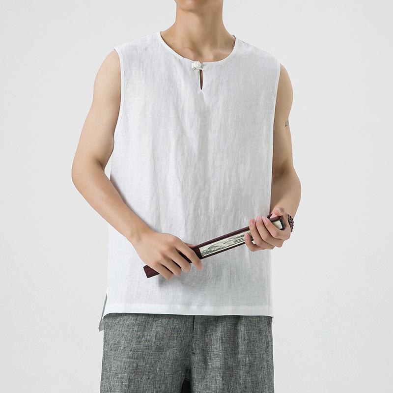 Tシャツ 男性用 麻混紡ベスト チャイナ風 タンクトップ 大判サイズ ゆったり ラウンドネック ノースリーブ カットソー 中国風 トップス リネン サマー 薄手 カジュアル