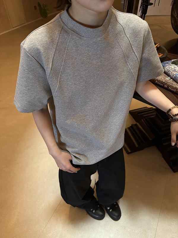 Tシャツ メンズ 男性用 半袖 夏物 ポリエステル 切り替え 無地 薄手 クルーネック ゆったり 普段使い デイリー 部屋着 黒 ブラック グレー