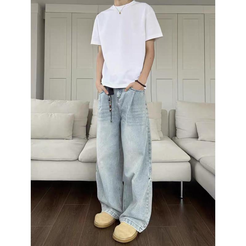 ジーンズ メンズ 男性用 ウォッシュ加工 ストレート ワイドレッグ ローライズ 浅ブルー デニムパンツ ジーパン 長ズボン 普段使い リラックス 春