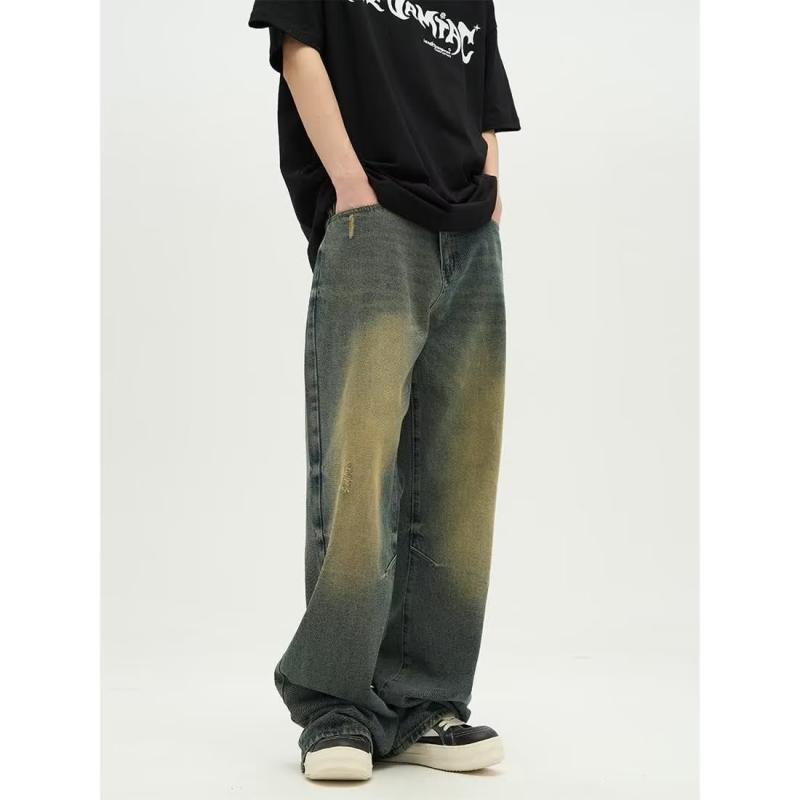 デニム メンズ ストレートパンツ 男性用 ジーンズ ウォッシュ加工 ゆったり 韓国風 カジュアルパンツ S M L XL 2XL 3XL 春 秋 黄土色