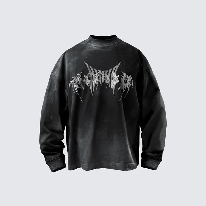 Tシャツ メンズ ストリート ヴィンテージ風 色褪せ加工 ロゴプリント 長袖 コットン混紡 オーバーサイズ ゆったり ブラック