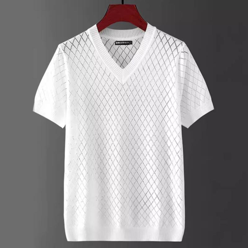 Tシャツ メンズ 男性用 Vネック 半袖 ポリエステル ニット 夏 薄手 接触冷感 クール 大きいサイズ ゆったり 無地