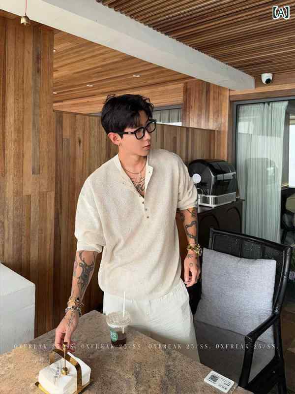 Tシャツ メンズ 春秋 薄手 ヘンリーネック カットソー 接触冷感 接触涼感 5分袖 ?松 亜麻混紡 リネン混紡 ゆったり トップス 部屋着