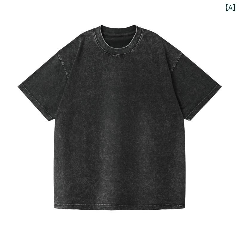 Tシャツ 男女兼用 美式 レトロ ドロップショルダー 半袖 カットソー 純綿 トップス ゆったり 水洗い ブラック 黒 グレー 杏色 カーキ パープル オレンジ ブルー S M L XL 2XL 3XL 4XL 5XL