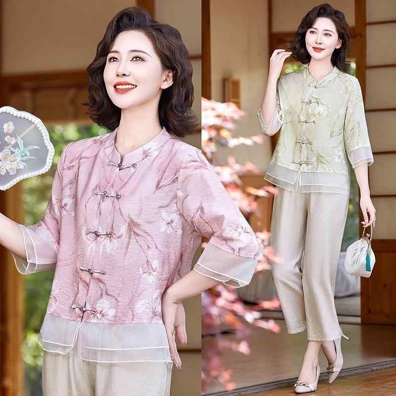 Tシャツ レディース ミセス 夏服 新中国スタイル シフォンブラウス 中高年女性 7分袖 おしゃれトップス 立ち襟 ゆったり ピンク系 浅緑色