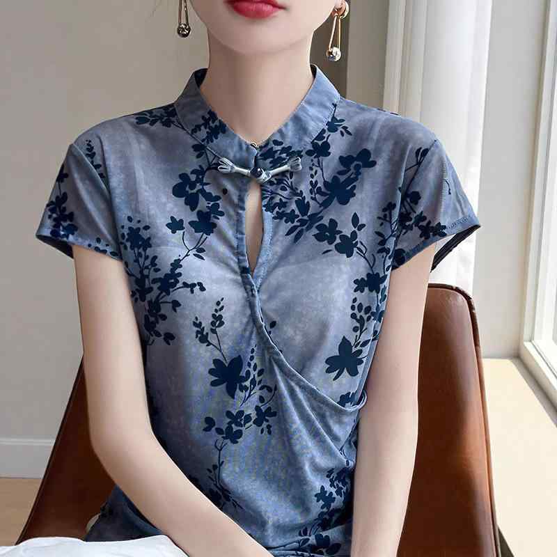 Tシャツ レディース チャイナ風 立襟 半袖トップス レトロ柄 エレガント 通勤 薄手 カットソー ポリエステル 接触冷感