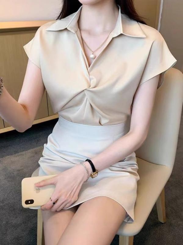 シャツ レディース 高級感 シフォンブラウス 夏 半袖 トップス 通勤 普段使い きれいめ おしゃれ 杏色 白色 黄色 ピンク系 褶? ポリエステル