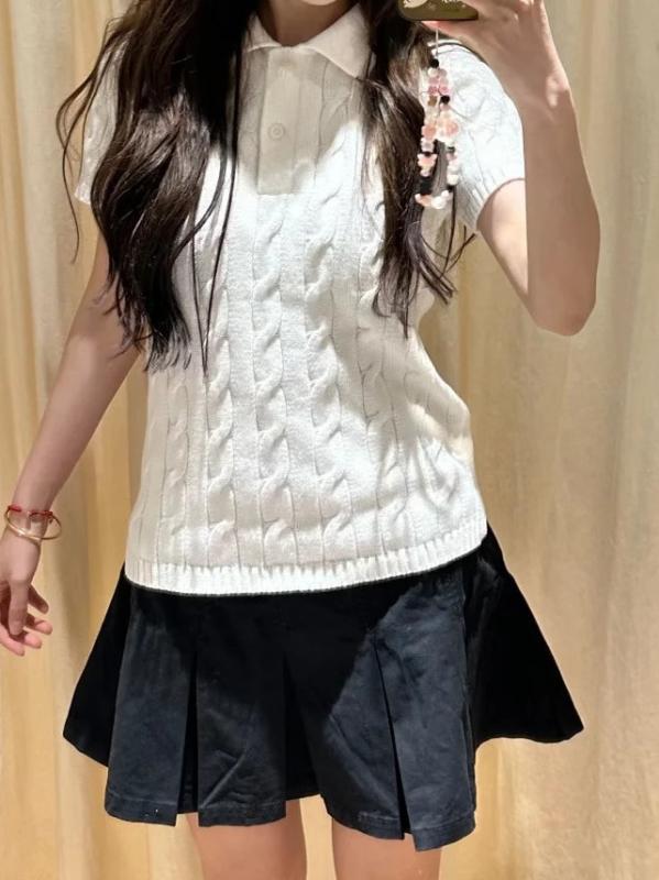 Tシャツ レディース ポロシャツ風 ニット トップス 半袖 薄手 スリム 米白色 文芸風 レトロ