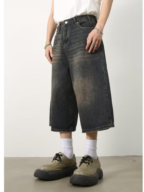 メンズ デニム ハーフパンツ 男性用 ワイド バギーパンツ 7分丈 コットン混紡 ヒップホップ ゆったり ヴィンテージ 色落ち加工