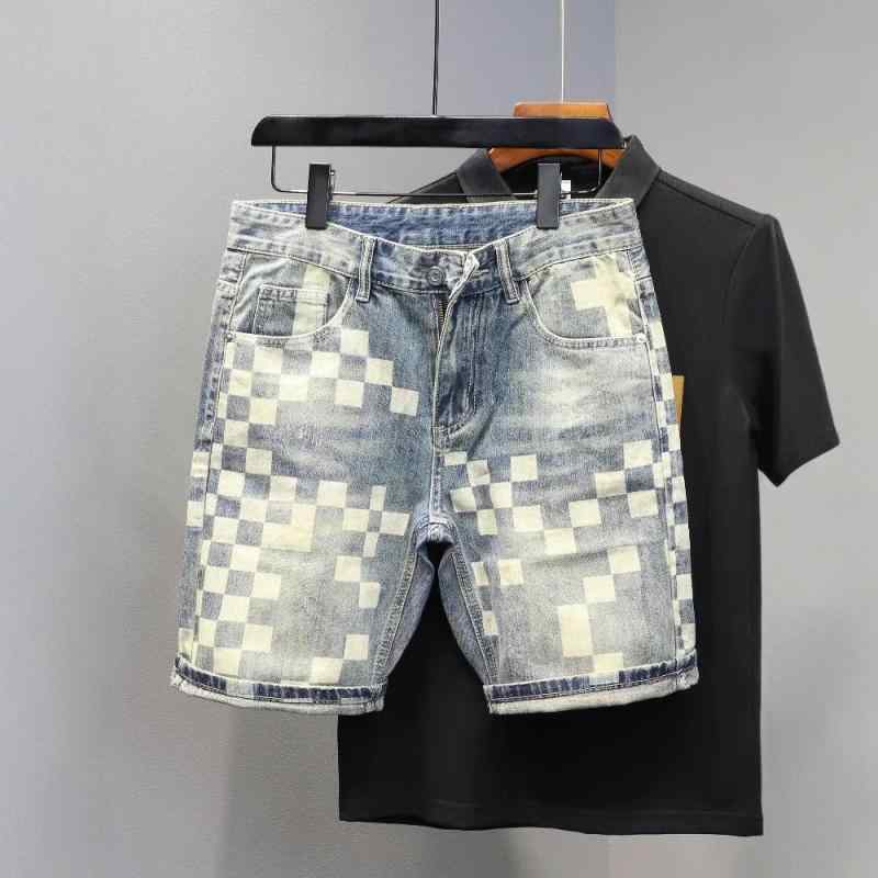 デニム メンズ ハーフパンツ チェック柄 切り替え デザイン 5分丈 膝丈 ワイドパンツ ジーパン ズボン ボトムス 男性用 ゆったり ストリート カジュアル