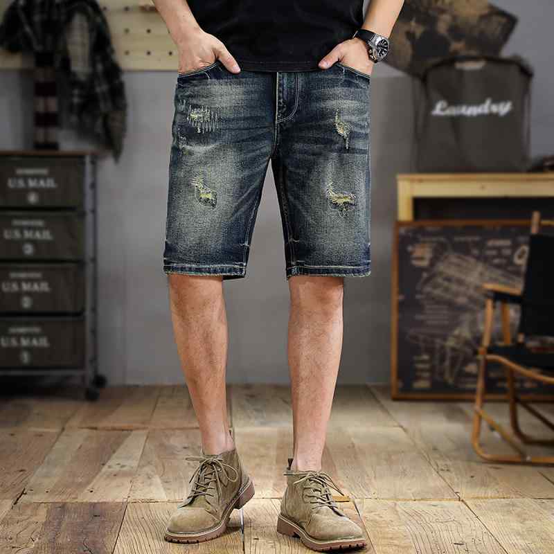 ジーンズ メンズ デニム ショートパンツ ダメージ加工 ウォッシュド加工 ハーフパンツ 5分丈 スリム ストレート 薄手 ブルー ファッション アメカジ