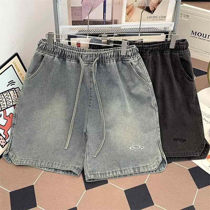 ハーフパンツ 男性用 デニム ダメージ加工 ウォッシュ加工 ゆったり 刺繍 ブラック ブルー 綿 部屋着 普段使い アウトドア