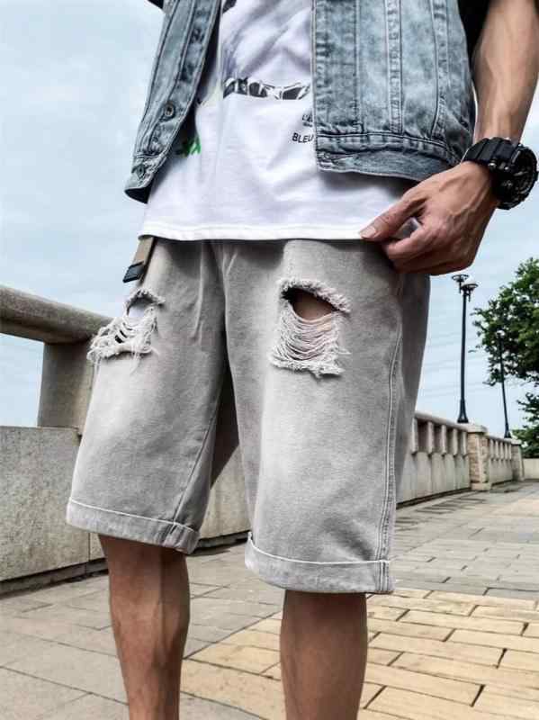 デニム メンズ ハーフパンツ ダメージ加工 ワイドレッグ 短パン 綿75％ 灰色 夏 ジーパン ジーンズ 男性用 ズボン