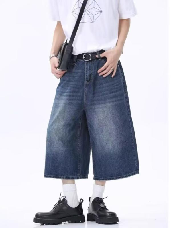 ジーンズ メンズ デニムパンツ 七分丈 ワイドパンツ ウォッシュド加工 ストレート ゆったり 短パン アメカジ ジーパン ボトムス 春夏