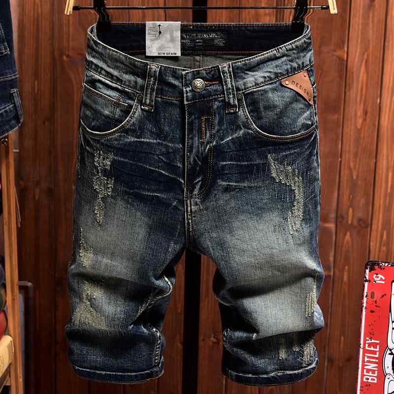 ジーンズ メンズ デニム ショートパンツ ストレッチ ダメージ加工 スリムフィット ハーフパンツ ウォッシュ加工 5分丈 テーパード 薄手 春秋