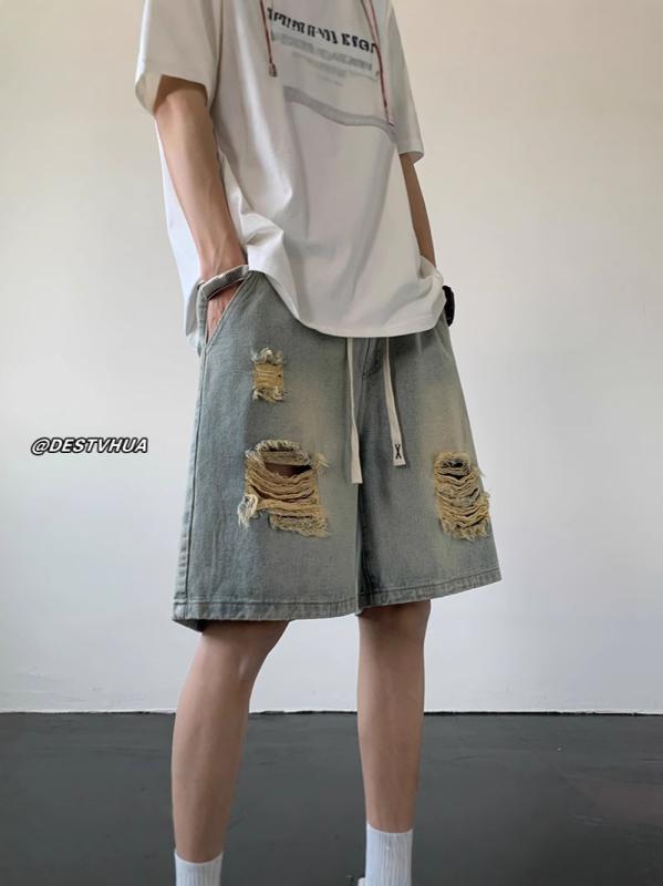 デニム メンズ ハーフパンツ ダメージ加工 ワイド レトロ ウォッシュド加工 Gパン ジーパン 短パン アメカジ ストリート ゆったり 5分丈 膝丈 接触冷感
