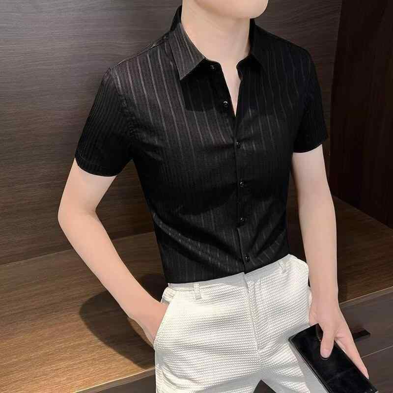 シャツ メンズ 半袖 ストライプ ビジネス カジュアル トップス 開襟シャツ 配色 ポリエステル レギュラーカラー 成人 男性用