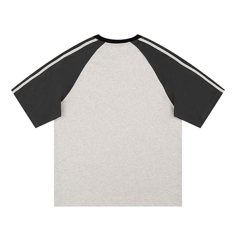 Tシャツ 男性用 ストリート 切り替え アルファベット柄 プリント 半袖 TEE ゆったり リラックス 花灰色 グレー 綿 トップス 普段使い