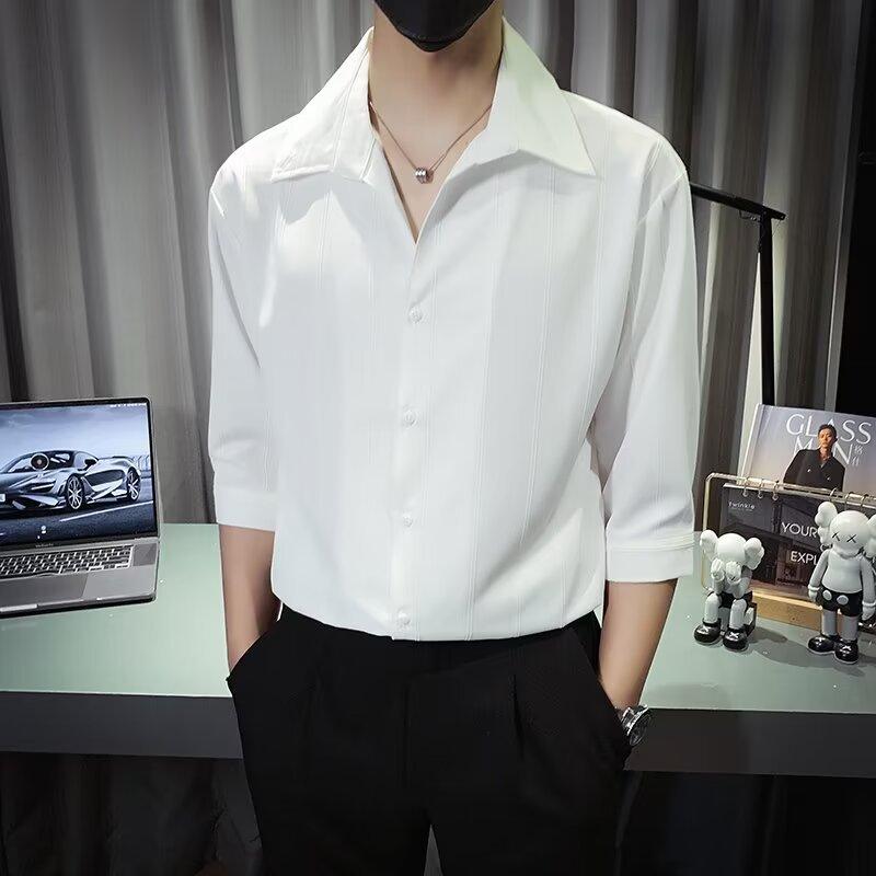 シャツ メンズ 男性用 半袖 ストライプ トップス 五分袖 ポリエステル 混紡 普段使い 薄手 夏