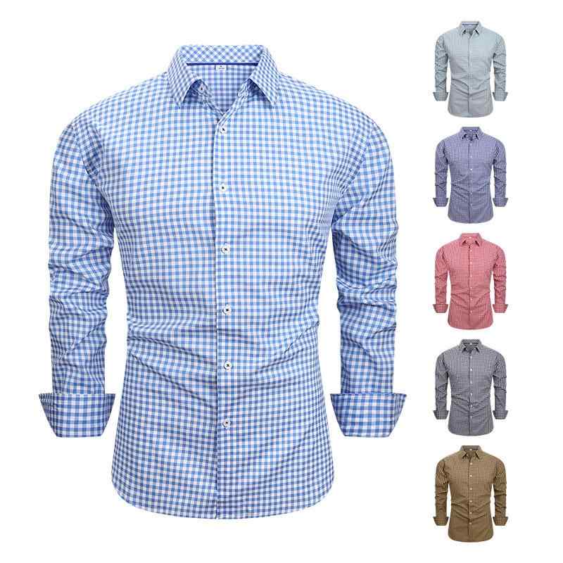 シャツ メンズ 男性用 長袖 4WAYストレッチ 格子柄 トップス 春秋服 合体型 形態安定 普段使い ビジネス 通勤 天ブルー 深ブルー 浅グリーン レッド ブラック イエロー