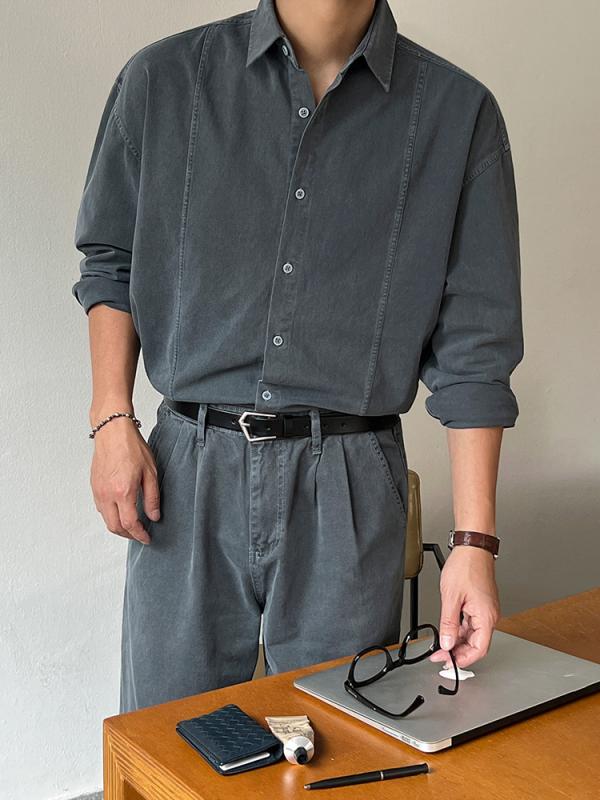 シャツ 男性用 長袖 水洗 綿 カジュアル トップス 灰色 カーキ色 春物