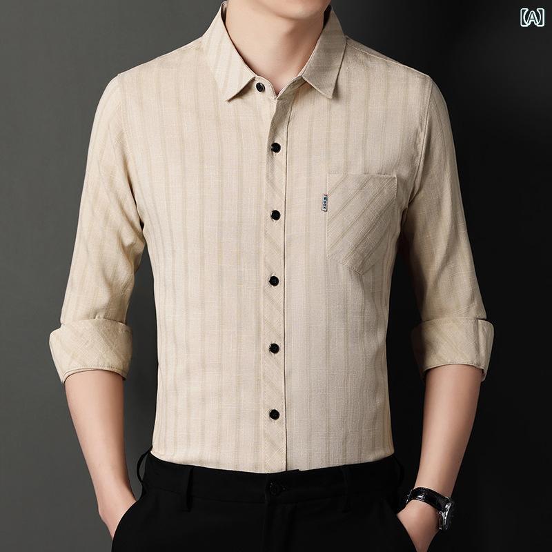 シャツ メンズ 男性用 ストライプ柄 コットンリネン 長袖 薄手 春秋 カジュアル トップス M L XL 2XL 3XL 4XL