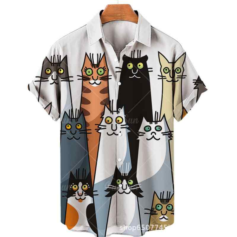 シャツ 男性用 猫柄 開襟シャツ 半袖シャツ ポリエステル 伸縮性 リゾート カジュアル