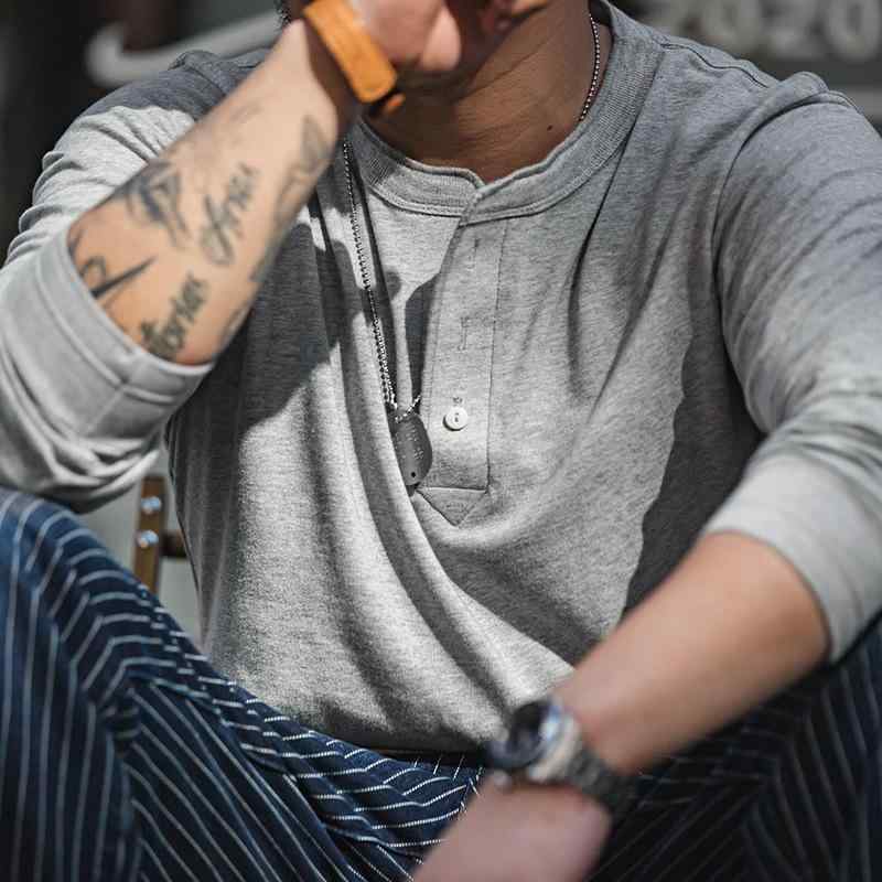 Tシャツ 男性用 ヘンリーネック カットソー 長袖 コットン トップス アメカジ 古着風 無地 薄手 白 灰色 春
