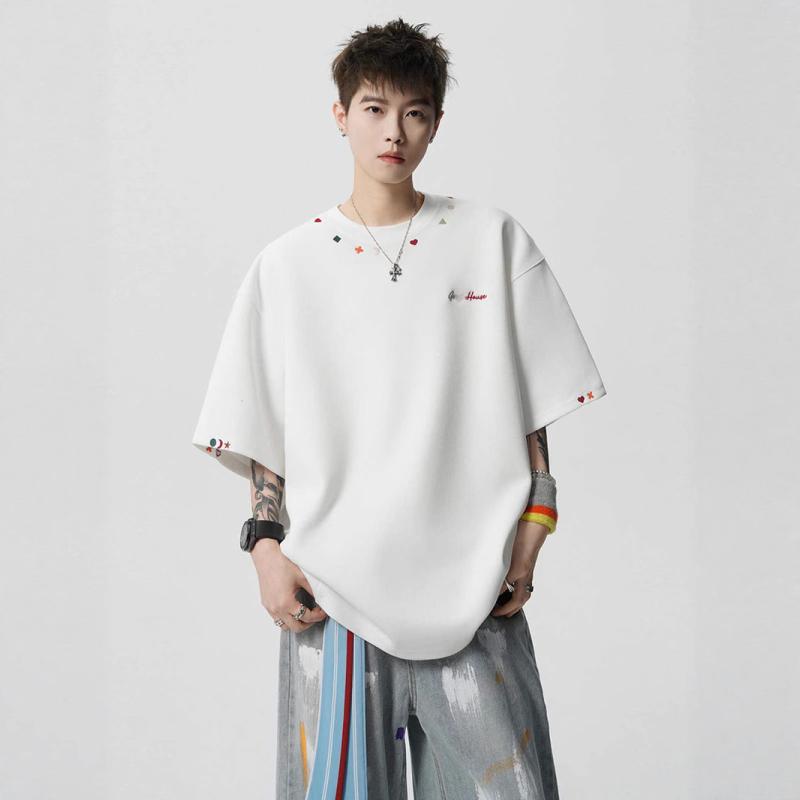 Tシャツ メンズ 男性用 半袖 刺繍 ゆったり デザイン 英字 ワンポイント カジュアル トップス ポリエステル混紡 白 黒