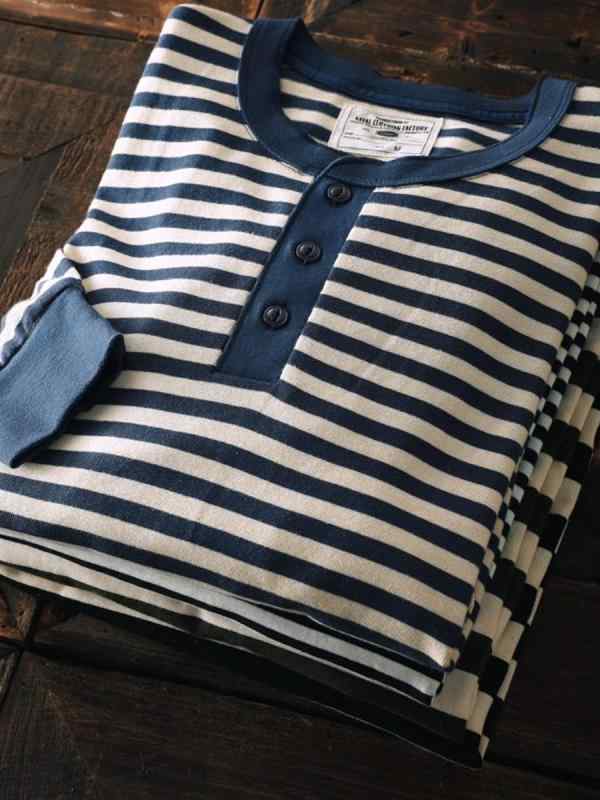 Tシャツ 男性用 ヘンリーネック ストライプ柄 トップス カットソー 長袖 コットン100% 海軍風 マリンスタイル 洗い加工 快適 通気性 吸湿性