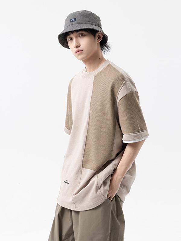 Tシャツ 男性用 半袖 コットン 切り替え ラウンドネック ゆったり 普段使い リラックス グレー カーキ