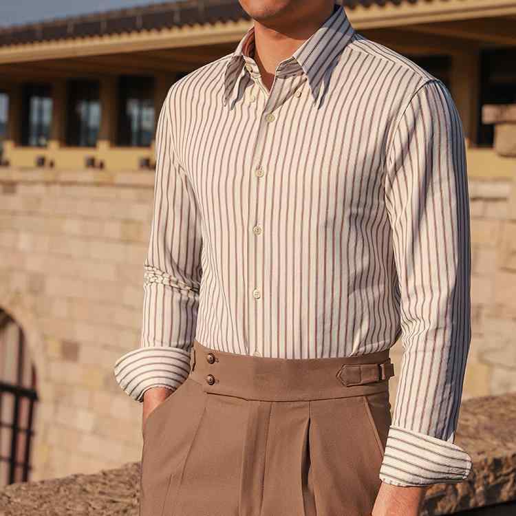 シャツ 男性用 長袖 ビジネス カジュアル トップス 尖襟 ストライプ柄 ゆったりシルエット イギリス風 アメリカン 春物 黄色 グレー ブルー