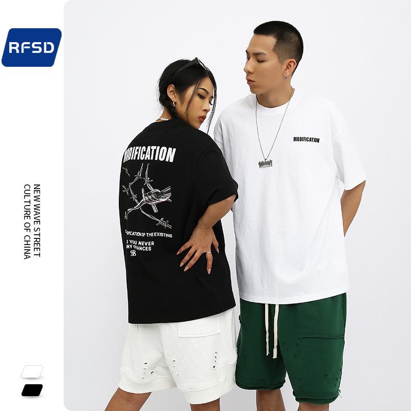 Tシャツ 男性用 ストリート ヴィンテージ風 イバラ柄 コットン 半袖 ゆったり トップス