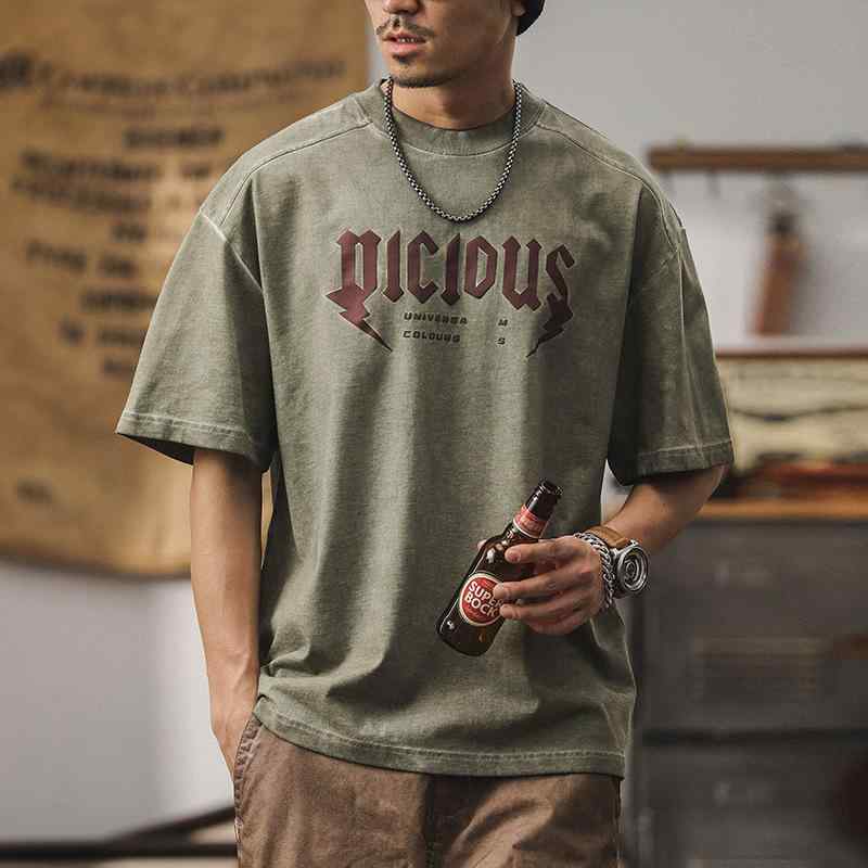 Tシャツ 男性用 半袖 重磅 コットン 水洗い ダメージ加工 ロゴ プリント トップス アメカジ ストリート 薄手 接触冷感 部屋着