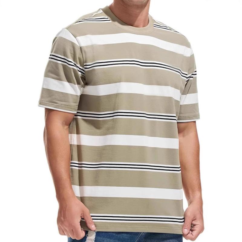 Tシャツ メンズ 男性用 美式復古 ストライプ柄 プリント 薄手 半袖 ポリエステル 普段使い 部屋着