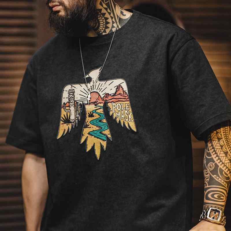 Tシャツ 男性用 美式 半袖 コットン インディアン 雷鳥 エスニック 刺繍 プリント 薄手 普段使い トップス ブラック(x5)