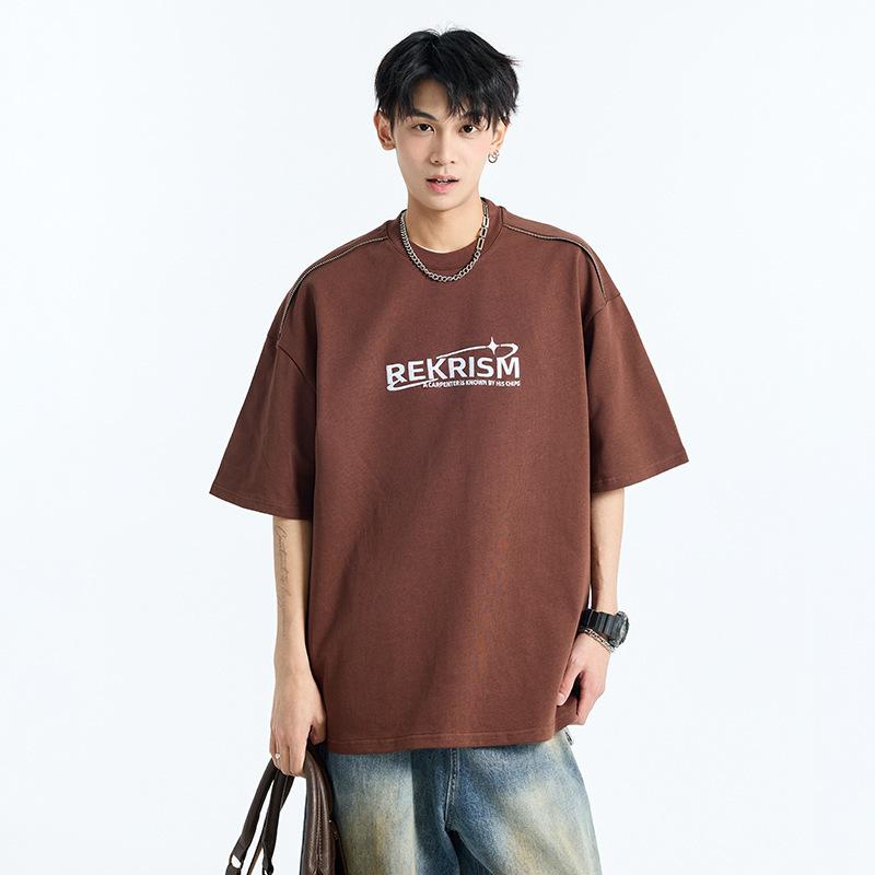 Tシャツ メンズ 春夏 ヘビーウェイトコットン アメリカンレトロ アルファベットプリント ジッパーデザイン ゆったり ラウンドネック 五分袖 カットソー 白 黒 コーヒー色