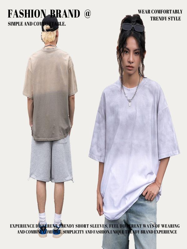 Tシャツ 男性用 コットン トップス 洗い加工 グラデーション ドロップショルダー 半袖Tシャツ カットソー 普段使い 春夏 軍緑色
