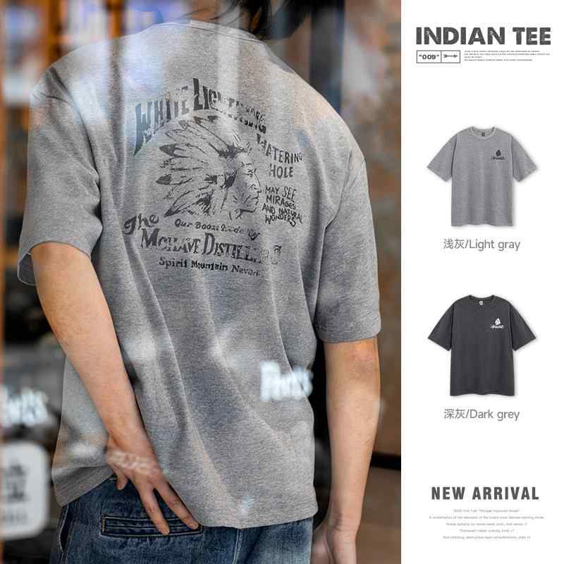 Tシャツ 男性用 アメリカン レトロ インディアン柄 プリント ゆったり 半袖 クルーネック コットン混紡 トップス 春夏 普段使い